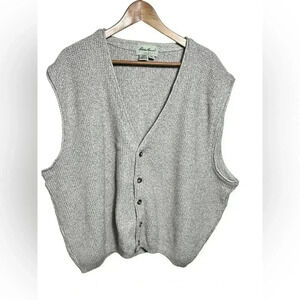 VINTAGE Eddie Bauer Sweater Vest Cardigan Beige Chunky Knit Made in USA Mens XL